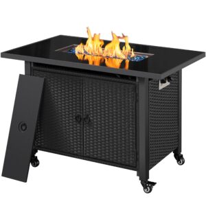 yaheetech 43in fire pit propane fire pit 50,000 btu gas fire pit table with two storage shelves, glass tabletop, rattan wicker base and waterproof cover for garden/patio, csa certification