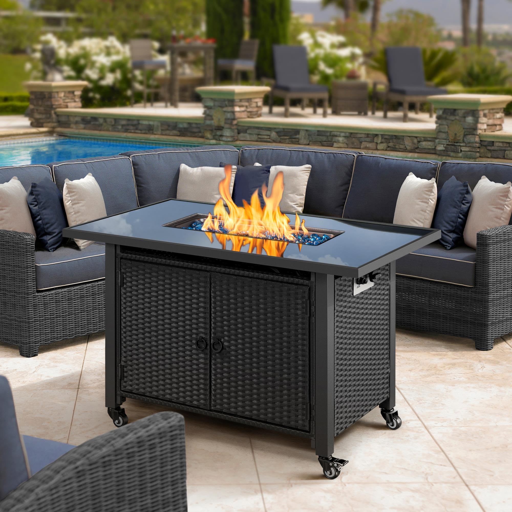Yaheetech 43in Fire Pit Propane Fire Pit 50,000 BTU Gas Fire Pit Table with Two Storage Shelves, Glass Tabletop, Rattan Wicker Base and Waterproof Cover for Garden/Patio, CSA Certification