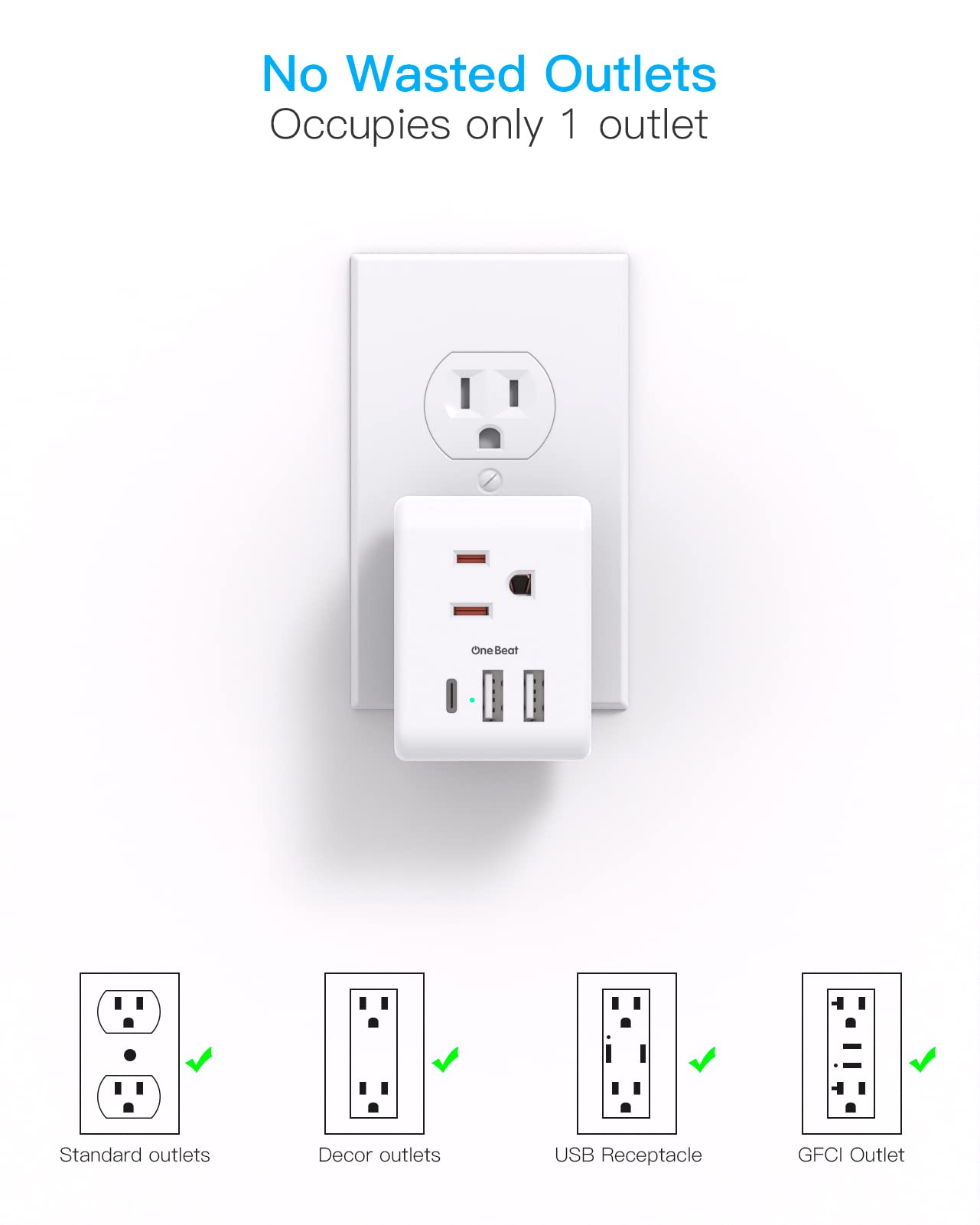 Multi Plug Outlet Extender, Power Strip Non Surge Protector Electric Outlet Splitter with 3 USB Wall Charger (1 USB C), Multiple Outlet Expander for Cruise, Dorm, Travel, Home, Office