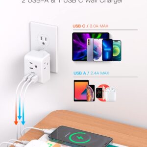 Multi Plug Outlet Extender, Power Strip Non Surge Protector Electric Outlet Splitter with 3 USB Wall Charger (1 USB C), Multiple Outlet Expander for Cruise, Dorm, Travel, Home, Office