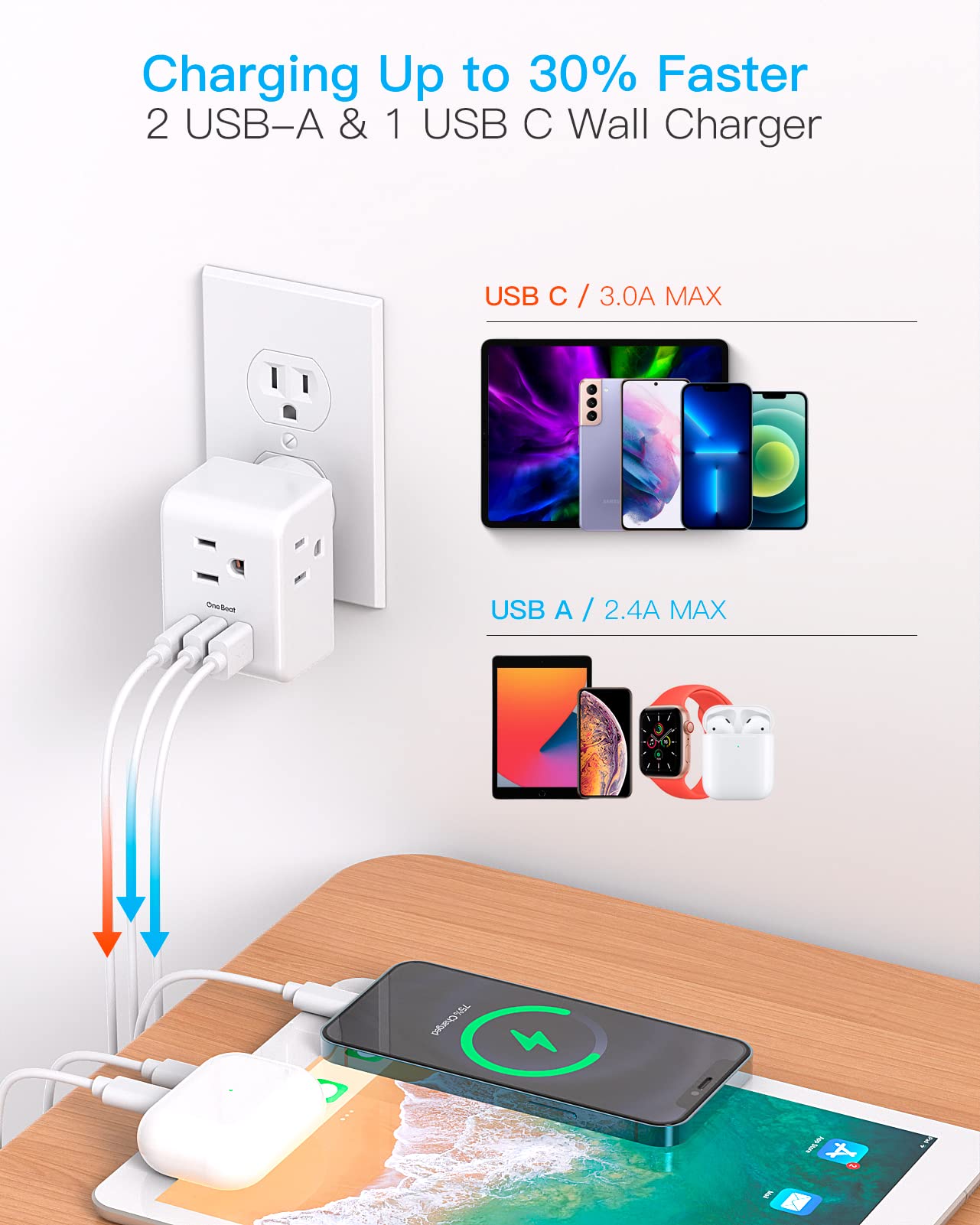 Multi Plug Outlet Extender, Power Strip Non Surge Protector Electric Outlet Splitter with 3 USB Wall Charger (1 USB C), Multiple Outlet Expander for Cruise, Dorm, Travel, Home, Office