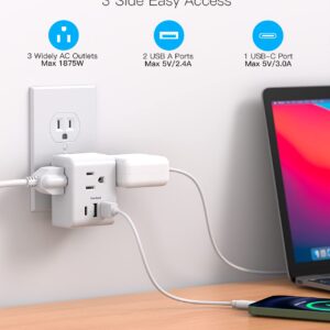 Multi Plug Outlet Extender, Power Strip Non Surge Protector Electric Outlet Splitter with 3 USB Wall Charger (1 USB C), Multiple Outlet Expander for Cruise, Dorm, Travel, Home, Office