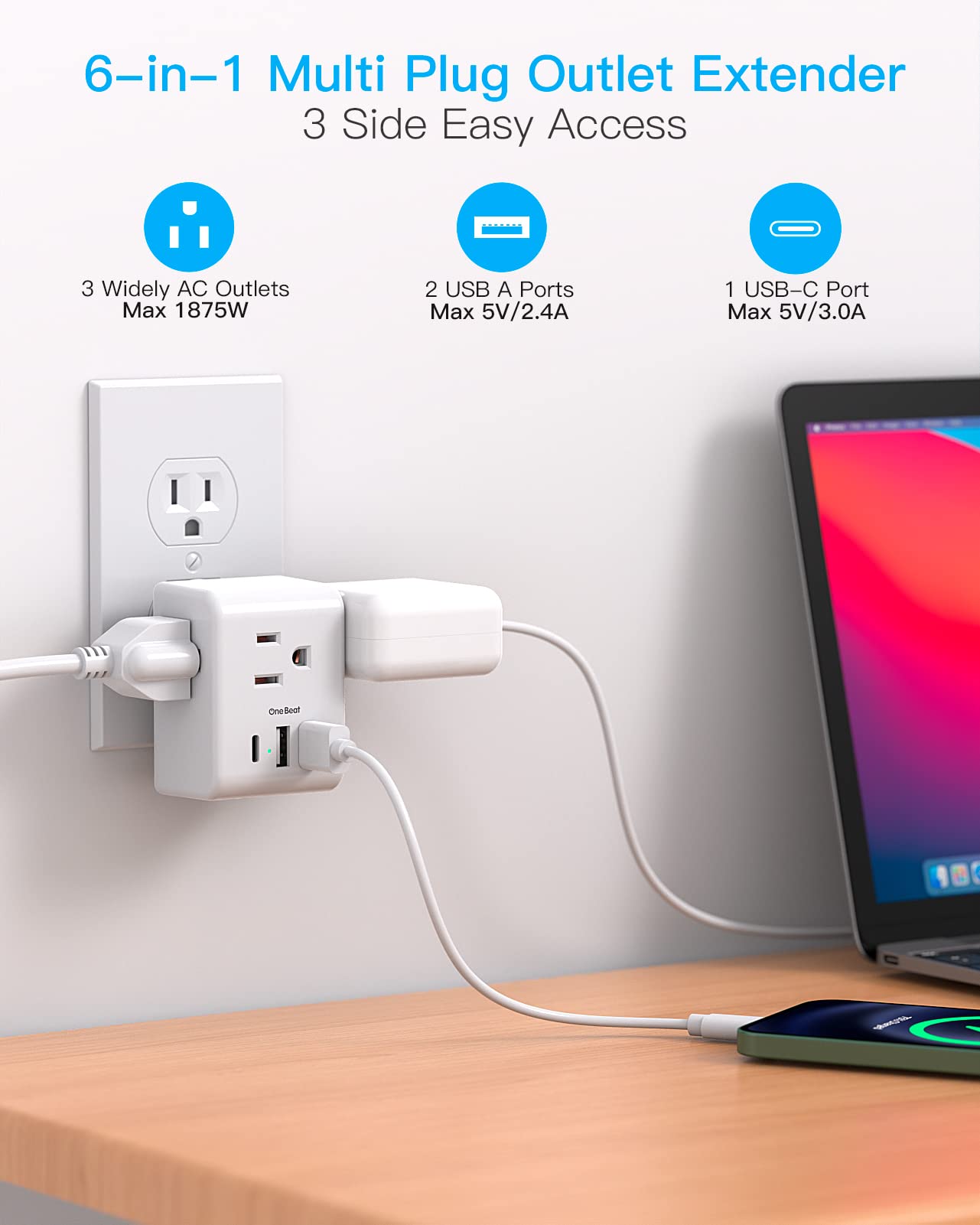 Multi Plug Outlet Extender, Power Strip Non Surge Protector Electric Outlet Splitter with 3 USB Wall Charger (1 USB C), Multiple Outlet Expander for Cruise, Dorm, Travel, Home, Office