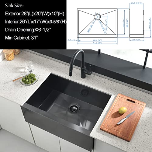 28 Inch Black Undermount Farmhouse Sink, Gabhar 28x20x10 Nano Black Stainless Steel Apron Front Farmhouse Sink GH023D+BG