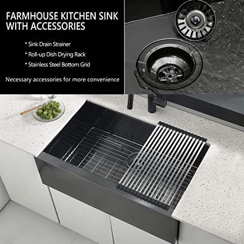 28 Inch Black Undermount Farmhouse Sink, Gabhar 28x20x10 Nano Black Stainless Steel Apron Front Farmhouse Sink GH023D+BG