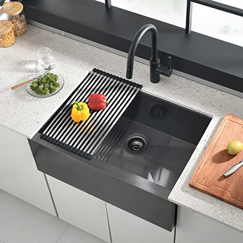 28 Inch Black Undermount Farmhouse Sink, Gabhar 28x20x10 Nano Black Stainless Steel Apron Front Farmhouse Sink GH023D+BG