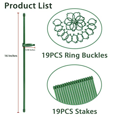 Plant Stakes Green Adjustable Garden Single Stem Plant Support Stakes,19Pcs Plant Support Sticks with Rings for Indoor and Outdoor Plants,Flowers,Tomatoes-16 inches