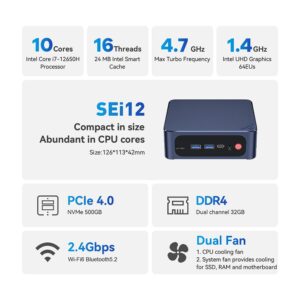 Beelink Mini PC, SEi12 Mini Computers Intel i7-12650H(Up to 4.7GHz) 10C/16T, Micro PC 32GB DDR4 RAM 500GB M.2 NVMe SSD, Desktop Computer Supports 4K@60Hz/Dual HDMI/WiFi6/BT5.2/Gigabit Ethernet/HTPC