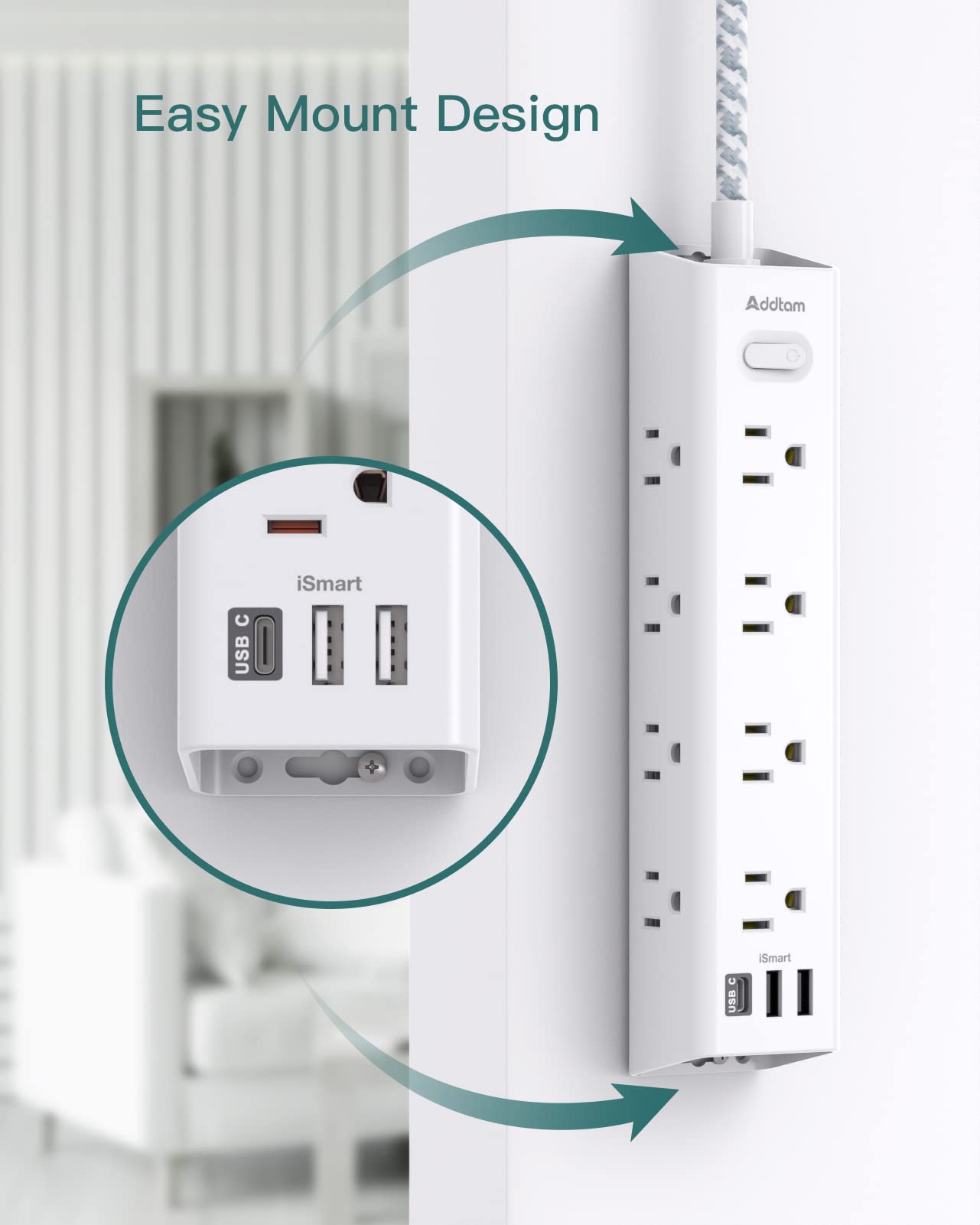 Desk Power Strip Surge/Overload Protector - Flat Plug, Power Strip, 12 Widely AC Outlets 3 USB (1-USB C), Extension Cord with USB Ports, Wall Mount for Dorm Home Office, ETL Listed