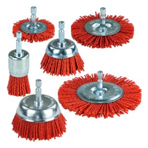 sali 6 pack nylon filament abrasive wire brush wheel & cup brush set with 1/4 inch hex shank, 6 sizes nylon drill brush set for removal of rust corrosion paint