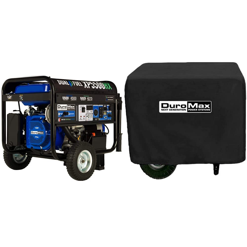 DuroMax XP5500HX Dual Fuel Portable Generator-5500 Watt Gas or Propane Powered Electric Start w/CO Alert 50 State Approved Blue & XPSGC Generator Cover For Models XP4400 and XP4400E,Black