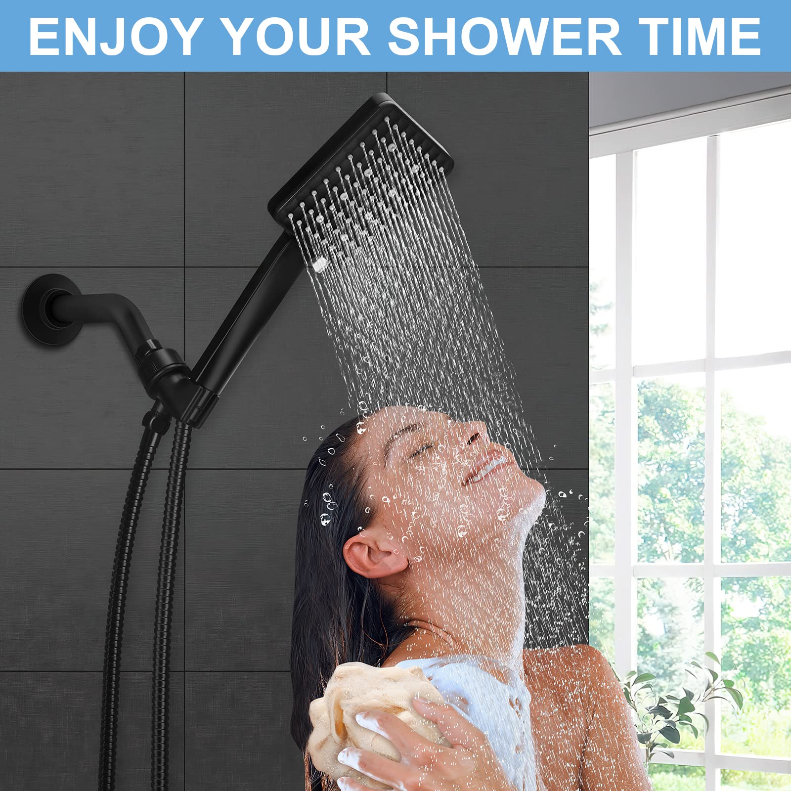 Handheld,Rain Black Square shower head with Hose,High Pressure 6 Spray Settings Rainfall Detachable shower heads Set with 59" Stainless Steel Hose/Bracket/Shower Loofahs/Tape