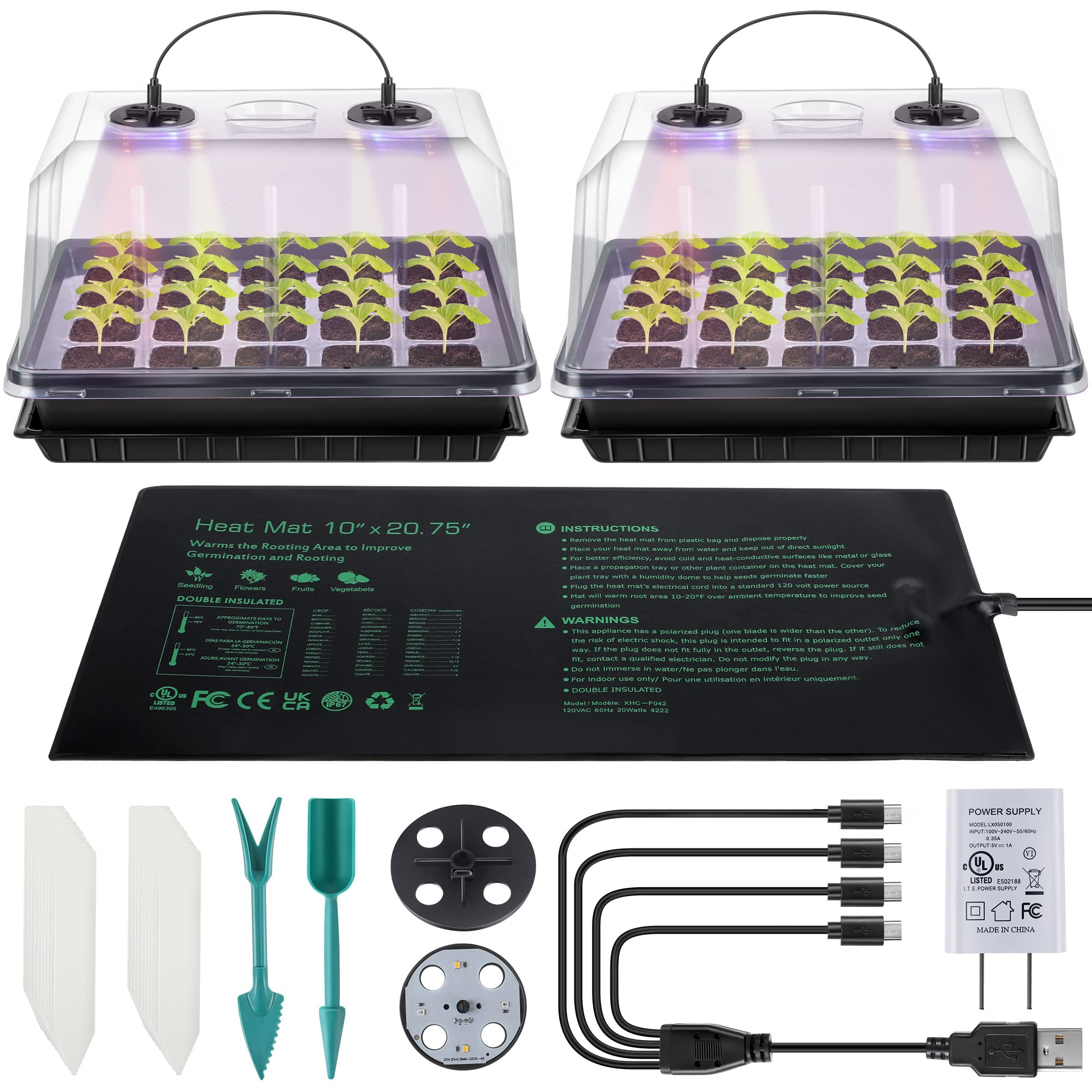 2 Pack Seed Starter Kit with Grow Lights and Heating Mat, 2 Set 40 Cell Indoor Seedling Starter Kit with Higher Humidity Domes and Tray, Seed Starter Tray for Greenhouse, Germination