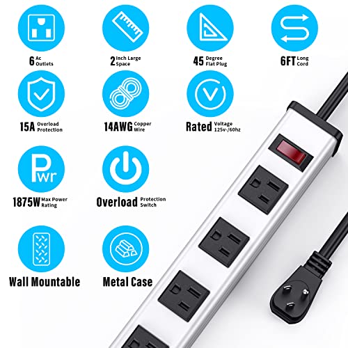 BERIGTTA Angled Flat Plug Metal Power Strip 6 Outlet, Wall Mount Workshop Power Strip with Switch for Home, Office, School, Workshop and Industrial Environments