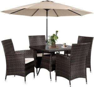 suncrown 5 piece outdoor dining set all-weather wicker patio dining table and chairs with cushions, tempered glass tabletop with 9 ft patio umbrella for patio backyard porch garden poolside, square