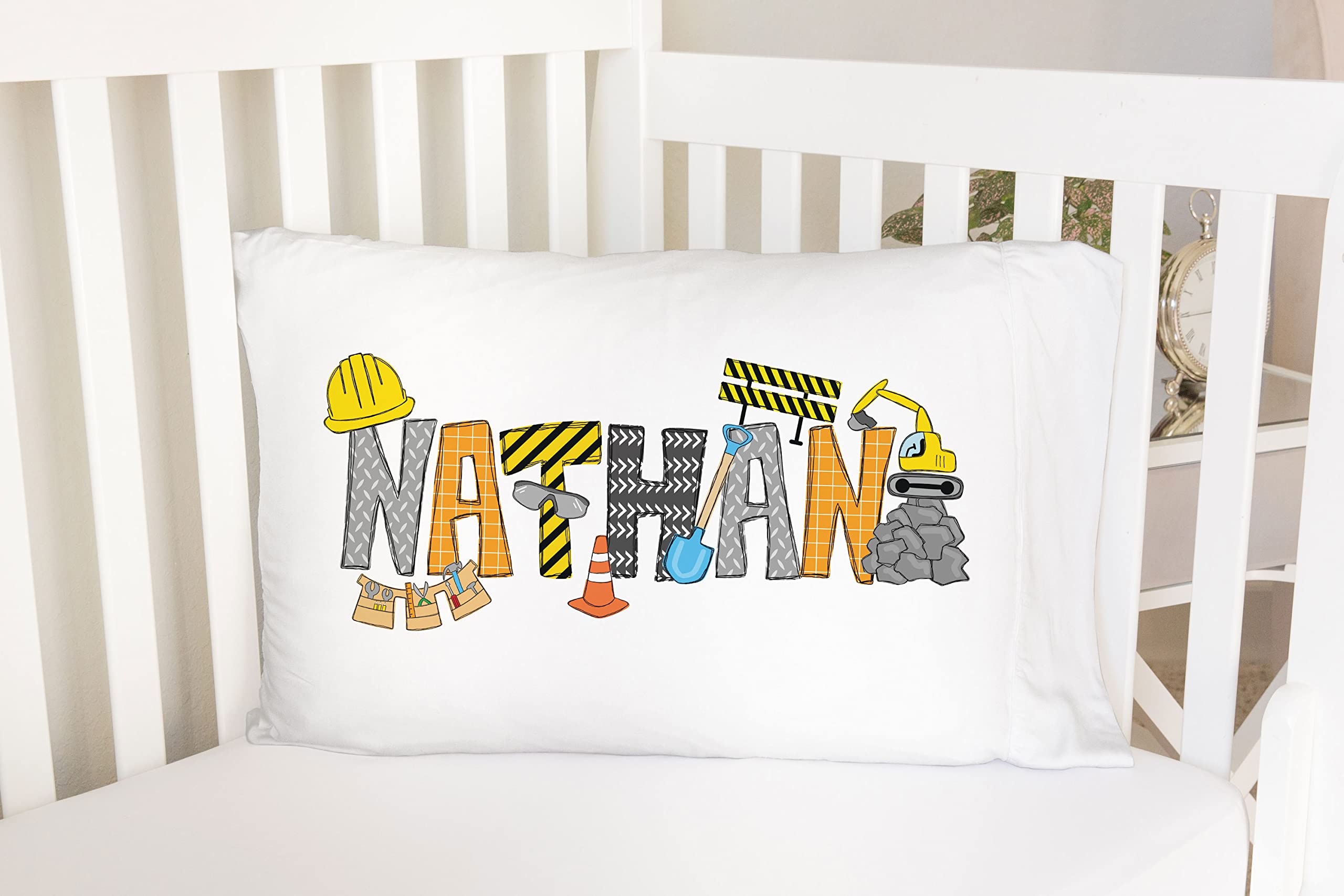 Adorable Construction Tools Design with Personalized Name Standard Pillowcase | Personalized Pillow Cover | Boy Room Decor | Nursery Decor (One Pillowcase)