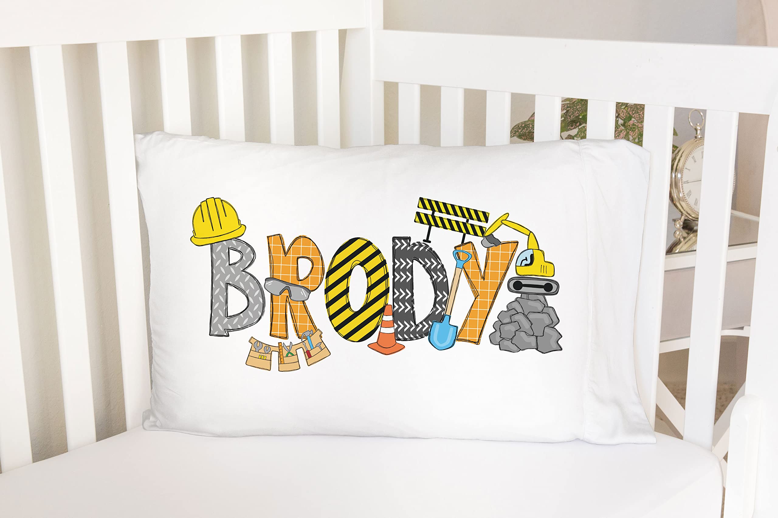 Adorable Construction Tools Design with Personalized Name Standard Pillowcase | Personalized Pillow Cover | Boy Room Decor | Nursery Decor (One Pillowcase)