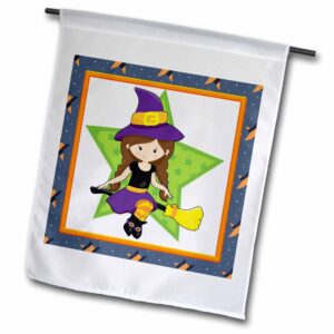 3drose cute girl witch on her broom against a green star halloween design - flags (fl-369148-1)