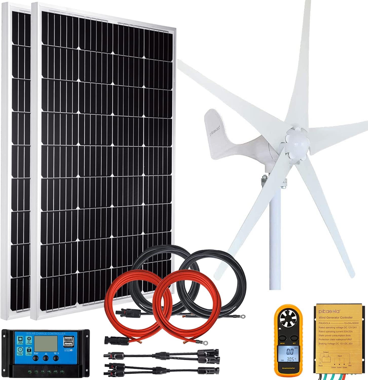 Pikasola Wind Turbine Generator 400W12V + 2 PCS 100W 12V Monocrystalline Solar Panel Kits Suit for RV Marine Home Solar Wind Hybrid System