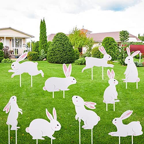 Set of 9 Easter Bunny Yard Signs Bunny Garden Lawn Signs Easter Plastic Outdoor Yard Signs White Rabbits Yard Decoration with Stakes for Easter Party Supplies Photo Props Patio Walkway