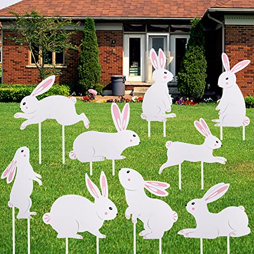 Set of 9 Easter Bunny Yard Signs Bunny Garden Lawn Signs Easter Plastic Outdoor Yard Signs White Rabbits Yard Decoration with Stakes for Easter Party Supplies Photo Props Patio Walkway