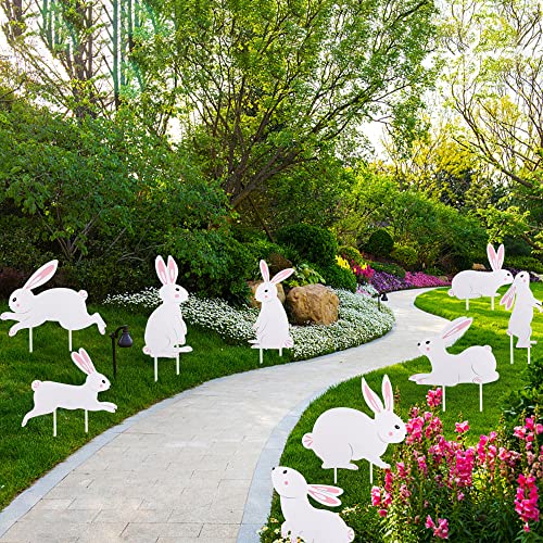 Set of 9 Easter Bunny Yard Signs Bunny Garden Lawn Signs Easter Plastic Outdoor Yard Signs White Rabbits Yard Decoration with Stakes for Easter Party Supplies Photo Props Patio Walkway