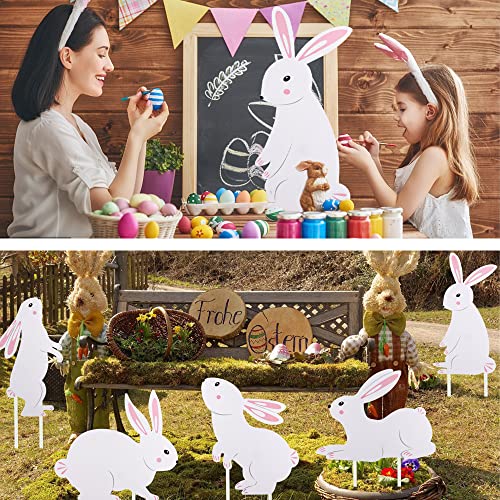 Set of 9 Easter Bunny Yard Signs Bunny Garden Lawn Signs Easter Plastic Outdoor Yard Signs White Rabbits Yard Decoration with Stakes for Easter Party Supplies Photo Props Patio Walkway