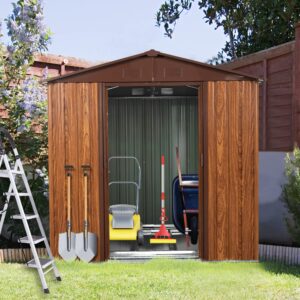 6.36ft x 5.7ft outdoor metal storage shed with metal floor base,sliding doors and window,sun protection,waterproof tool storage shed for backyard, patio, lawn (wood grain & dark brown)