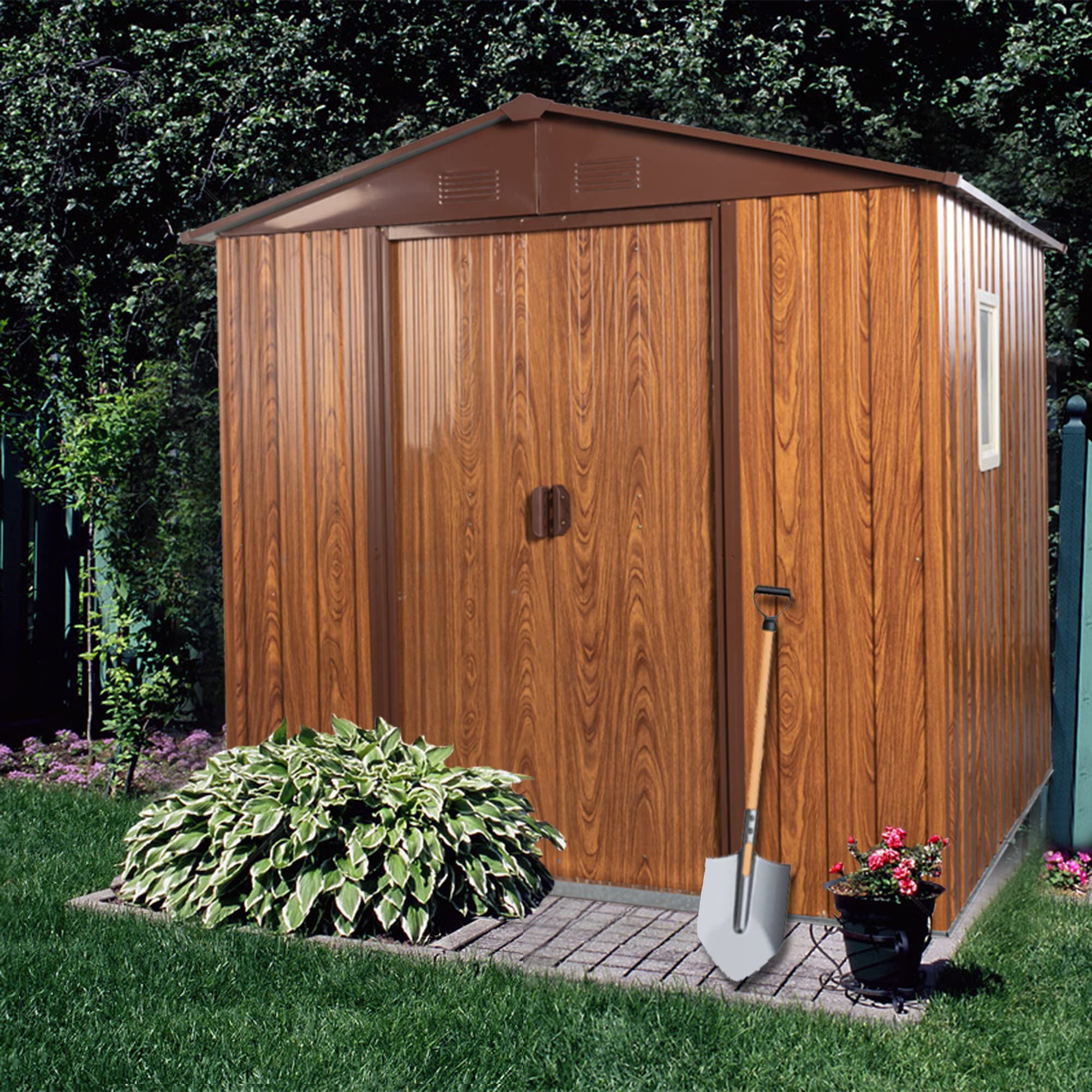 6.36ft x 5.7ft Outdoor Metal Storage Shed with Metal Floor Base,Sliding Doors and Window,Sun Protection,Waterproof Tool Storage Shed for Backyard, Patio, Lawn (Wood Grain & Dark Brown)