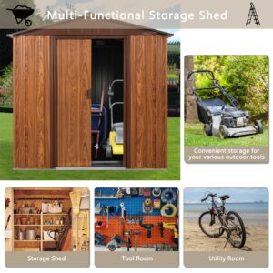 6.36ft x 5.7ft Outdoor Metal Storage Shed with Metal Floor Base,Sliding Doors and Window,Sun Protection,Waterproof Tool Storage Shed for Backyard, Patio, Lawn (Wood Grain & Dark Brown)