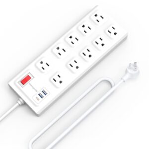 6 ft surge protector power strip - 10 widely outlets with 3 usb ports（1 usb c port）, flat plug heavy duty extension cord(1875w/15a), wall mount, 2800 j, etl,white