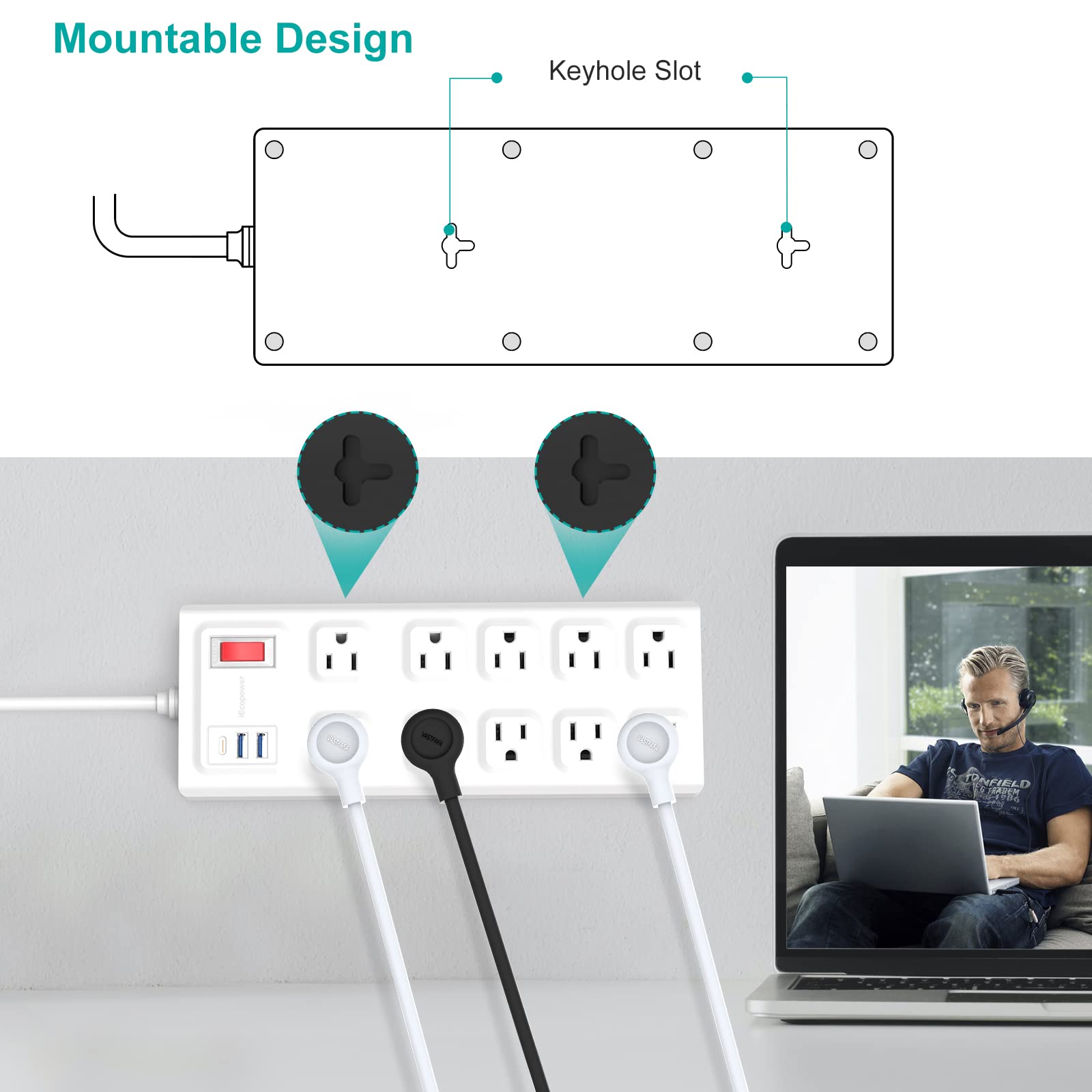 6 Ft Surge Protector Power Strip - 10 Widely Outlets with 3 USB Ports（1 USB C Port）, Flat Plug Heavy Duty Extension Cord(1875W/15A), Wall Mount, 2800 J, ETL,White