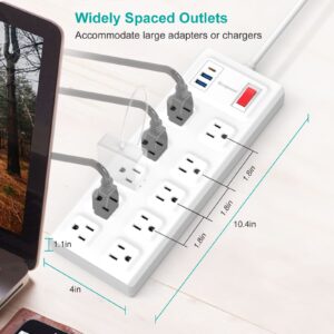 6 Ft Surge Protector Power Strip - 10 Widely Outlets with 3 USB Ports（1 USB C Port）, Flat Plug Heavy Duty Extension Cord(1875W/15A), Wall Mount, 2800 J, ETL,White