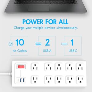 6 Ft Surge Protector Power Strip - 10 Widely Outlets with 3 USB Ports（1 USB C Port）, Flat Plug Heavy Duty Extension Cord(1875W/15A), Wall Mount, 2800 J, ETL,White