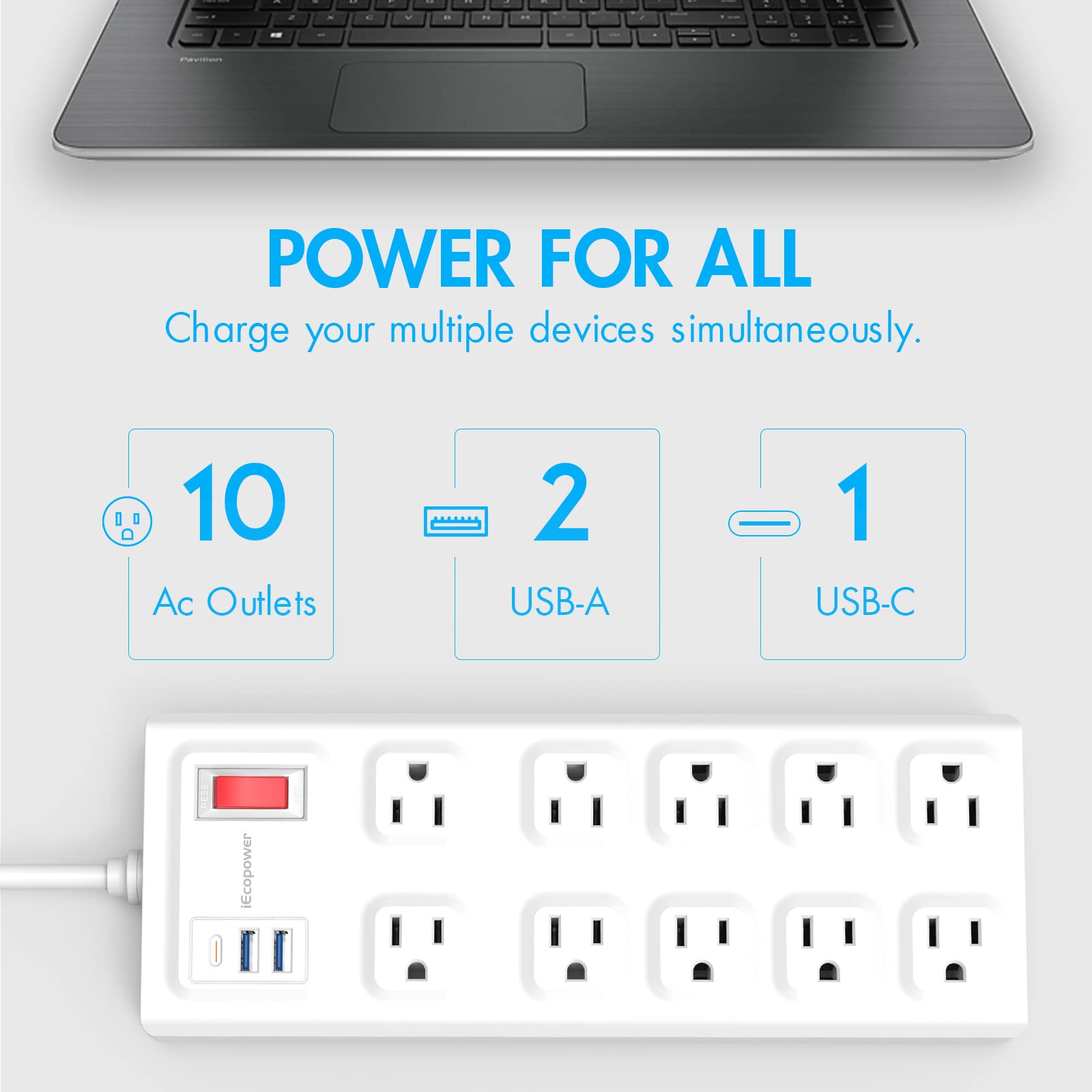 6 Ft Surge Protector Power Strip - 10 Widely Outlets with 3 USB Ports（1 USB C Port）, Flat Plug Heavy Duty Extension Cord(1875W/15A), Wall Mount, 2800 J, ETL,White