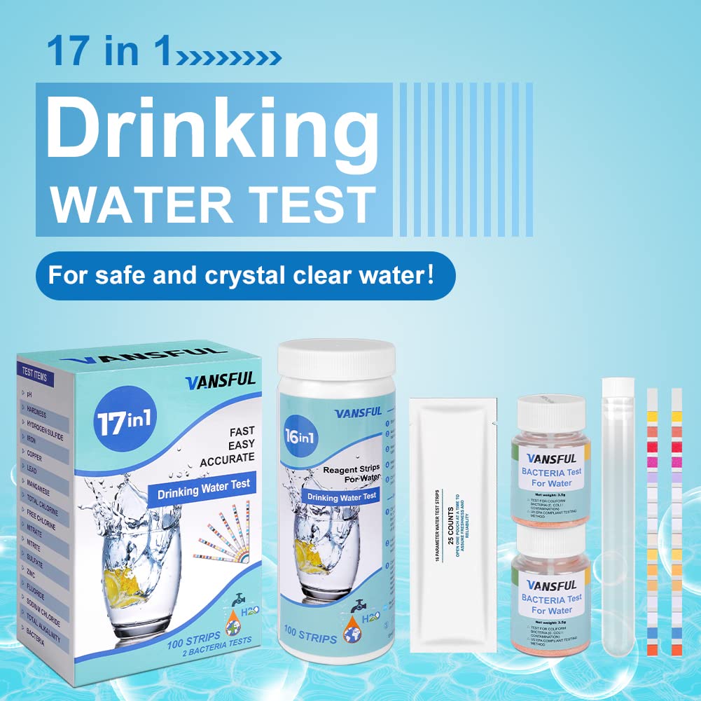 17 in 1 Drinking Water Test Strips, 100 PCS Hot Tub Test Strips, Test Total Chlorine, Bromine, Free Chlorine, PH, Iron, Fluoride, Copper, Mercury, and More