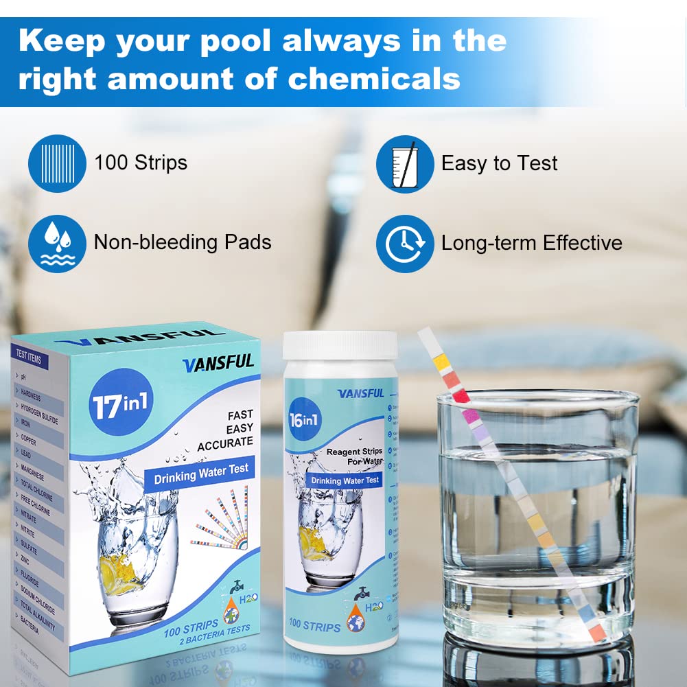 17 in 1 Drinking Water Test Strips, 100 PCS Hot Tub Test Strips, Test Total Chlorine, Bromine, Free Chlorine, PH, Iron, Fluoride, Copper, Mercury, and More