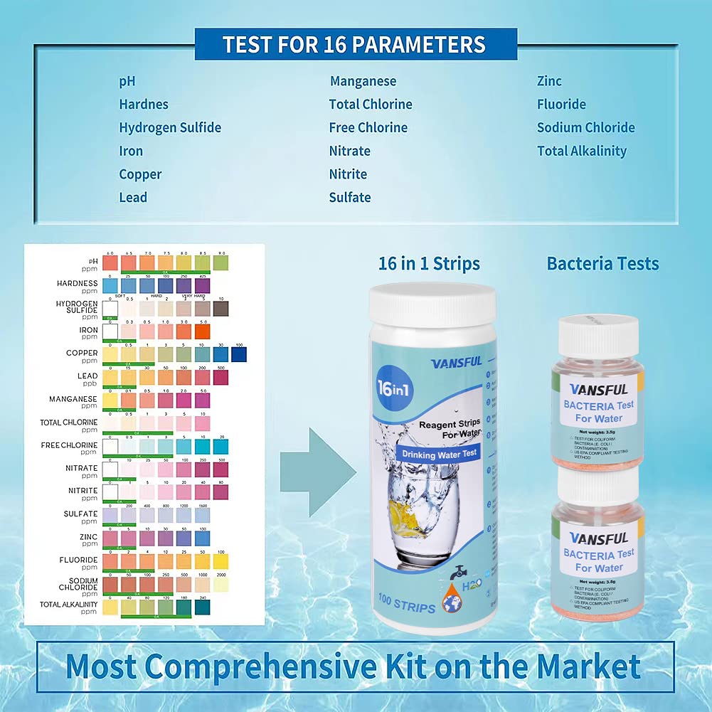 17 in 1 Drinking Water Test Strips, 100 PCS Hot Tub Test Strips, Test Total Chlorine, Bromine, Free Chlorine, PH, Iron, Fluoride, Copper, Mercury, and More