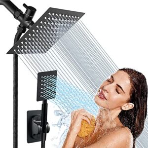high pressure square rain shower head combo, equipped with all metal hand shower, 78" extra long hose, 3-way diverter, adhesive shower head holder (wosaisius square shower head set black)