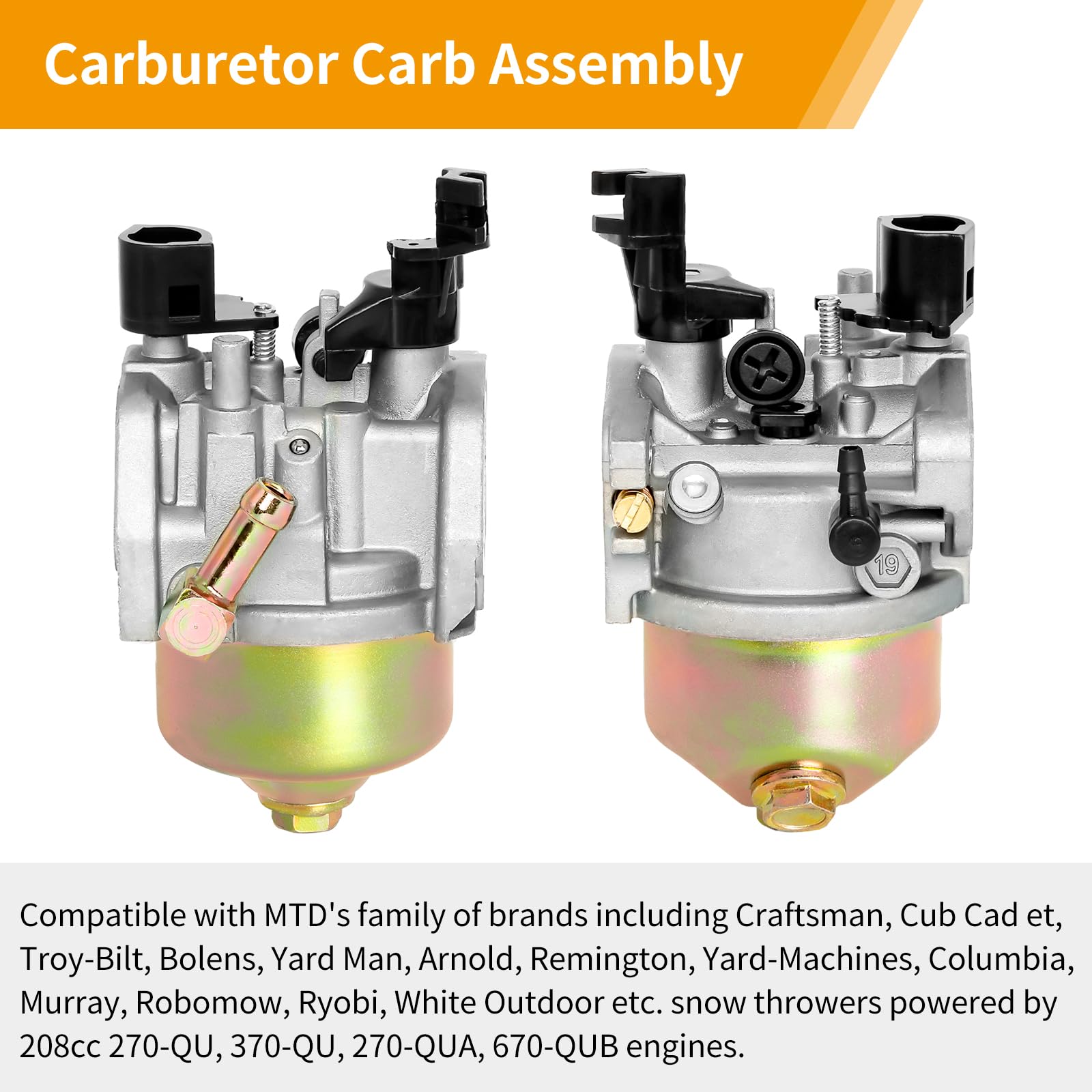 951-05251 Carburetor for Craftsman Snowblower Carburetor Engine - Carburetor Assembly Compatible with MTD Cub Cad et Troy Bilt 208CC 270-QU 370-QU Snow Blower Thrower, Replaces 651-05251 HY-170SB Carb