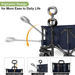 LUXCOL Collapsible Folding Wagon, Heavy Duty Utility Beach Wagon Cart for Sand with Big Wheels, Adjustable Handle&Drink Holders for Shopping, Camping,Garden and Outdoor