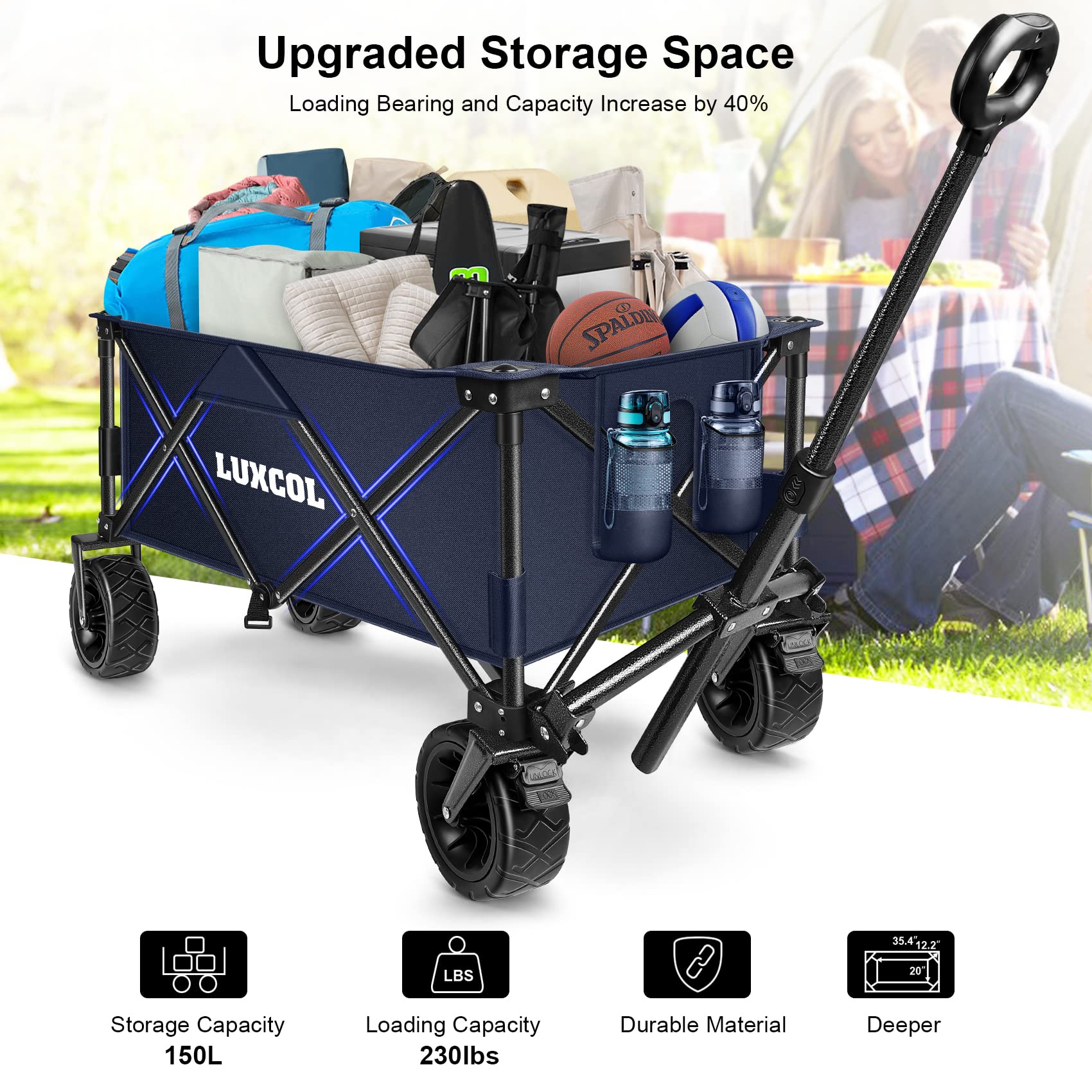 LUXCOL Collapsible Folding Wagon, Heavy Duty Utility Beach Wagon Cart for Sand with Big Wheels, Adjustable Handle&Drink Holders for Shopping, Camping,Garden and Outdoor