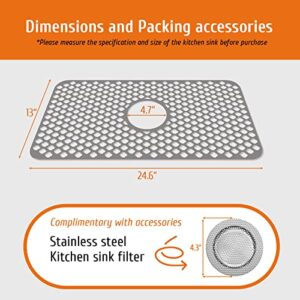 Silicone Sink Protectors for Kitchen, Sink Mat Grid for Bottom of Farmhouse Stainless Steel Porcelain Sink with Center Drain 26''x 14'' (Gray, 26x14in)