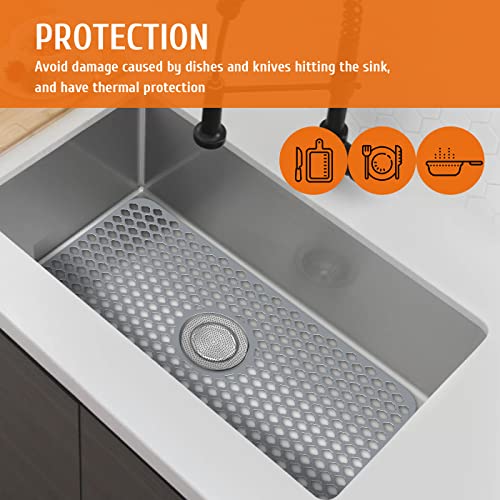 Silicone Sink Protectors for Kitchen, Sink Mat Grid for Bottom of Farmhouse Stainless Steel Porcelain Sink with Center Drain 26''x 14'' (Gray, 26x14in)