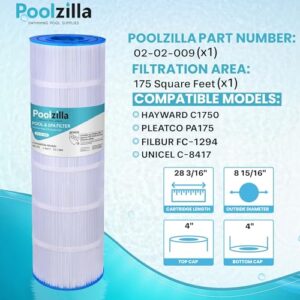 Poolzilla 1 Pack Pool Filter Replacement Cartridge for PLF175A, Filbur FC-1294, Hayward C1750, CX1750RE, PA175, Unicel C-8417, Waterway PCCF-175, 25230-0175S, 817-0175P, Sta Rite PXC 175