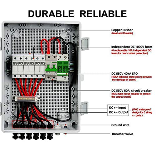 8 Strings PV Combiner Box, IP65 Solar Combiner Box with 10A Fuse, 80A DC Breaker, Lightning Arrestor and Solar Connector, for Off Grid Solar Panel System