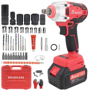 sarred cordless impact wrench 1/2 inch, brushless impact driver max torque 300 ft-lbs, 21v electric impact wrench with 4.0ah battery and fast charger & variable speeds for car home