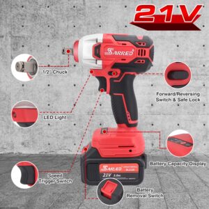 SARRED Cordless Impact Wrench 1/2 Inch, Brushless Impact Driver Max Torque 300 Ft-lbs, 21V Electric Impact Wrench with 4.0Ah Battery and Fast Charger & Variable Speeds for Car Home