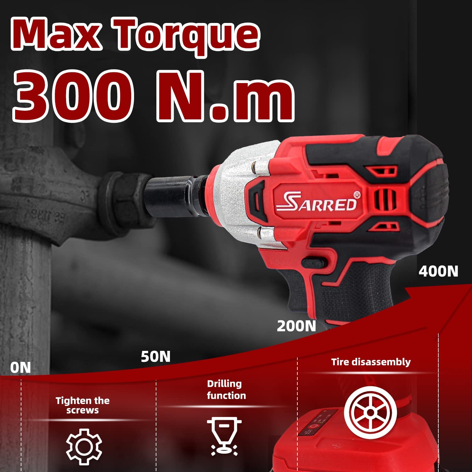 SARRED Cordless Impact Wrench 1/2 Inch, Brushless Impact Driver Max Torque 300 Ft-lbs, 21V Electric Impact Wrench with 4.0Ah Battery and Fast Charger & Variable Speeds for Car Home