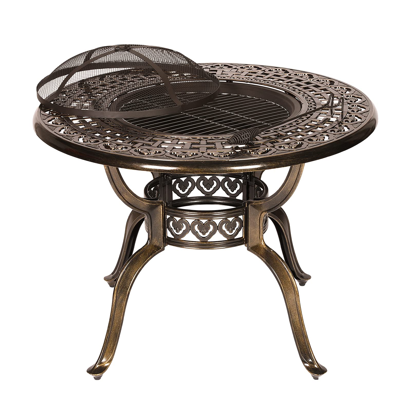 VIVIJASON 40.3" Patio Round Fire Pit Dining Table Charcoal/Wood Burning Outdoor Cast Aluminum Furniture Table with Fire Bowl, Cooking BBQ Grill, Wood Grate, Spark Screen and Poker for Backyard Lawn